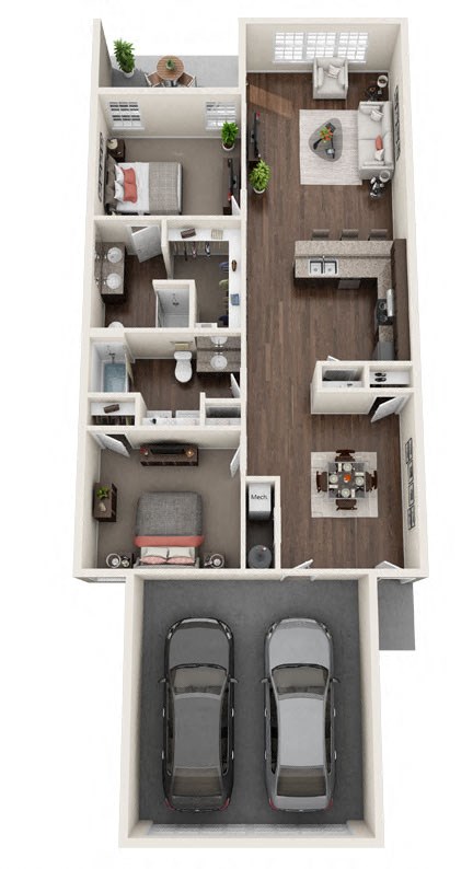 Floor plan for 2 beds, 2 baths, 1317 sqft
